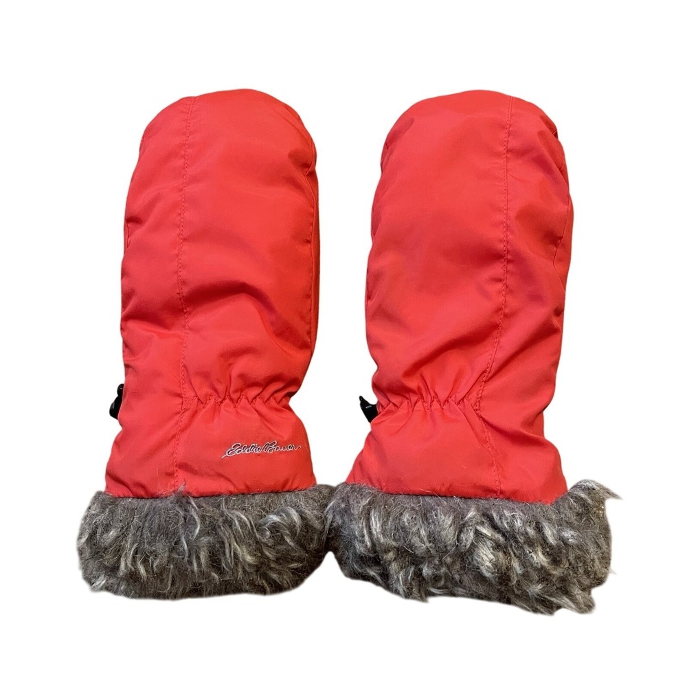 EDDIE BAUER Womens Small Mittens Faux Fur Trim Cherry Red Ski Winter Gloves